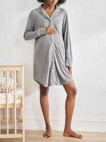 Maternity Front Button Long Sleeve Nursing Nightgown, Cozy And Elegant, Fall & Winter