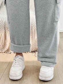 SHEIN Maternity Solid Color Adjustable Waistband Utility Pocket Casual Sweatpants Fall Winter Clothes Pregnancy Sweatpants Maternity Sweatpants Maternity Pants Grey Sweatpants Women Pregnancy Pants - Light Grey - View 7
