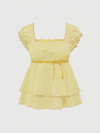 Kawaii Pure Maiden Cute Bow Decor Peplum Collar Plaid Shirt
