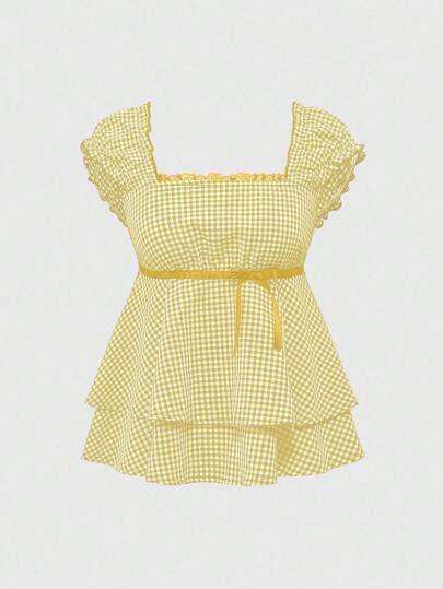 Kawaii Pure Maiden Cute Bow Decor Peplum Collar Plaid Shirt