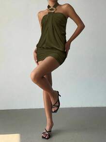 Aloruh Women's Y2K Avant-Garde Sexy Tight Bandeau Metallic Button Decor Halter Mini Super Short Bodycon Club Dress - Army Green - View 6
