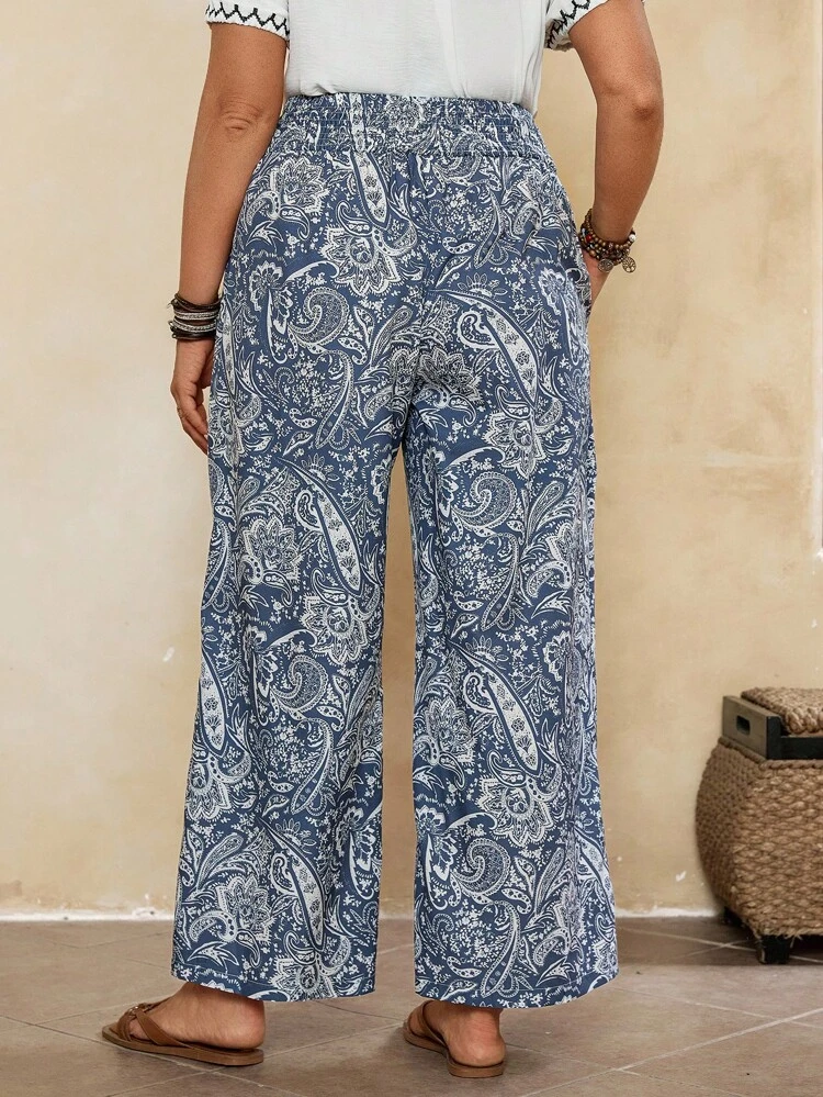 Plus Size Women's Vacation Cashew Print Pocket Loose Wide Leg Pants,Plus Size Women Clothes,Gifts For Mother,Bohemian Clothes,Fall Women Clothes ,Summer Holiday,Vacation Outfits Women,Simple And Fashionable For Everyday Wear,Paisley Print Pants,Gifts For Mother,Bohemian Clothes,Going Out Outfits