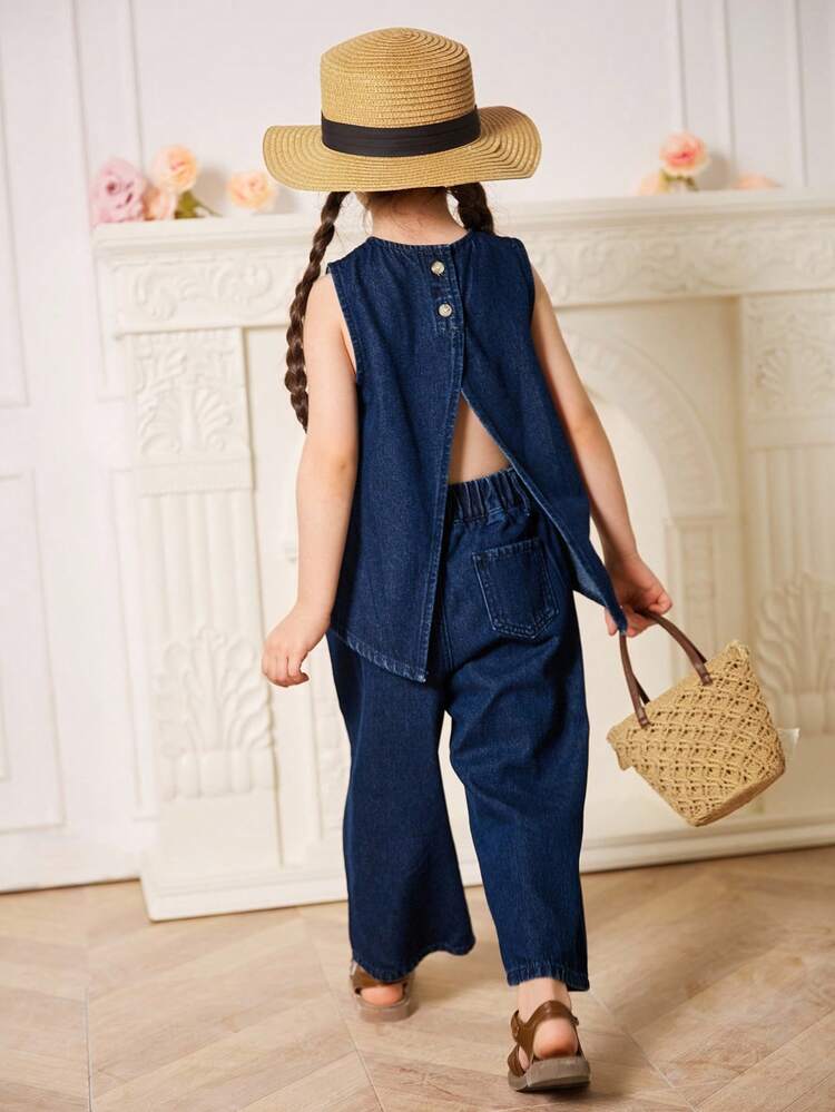 Young Girls Casual Round Neck Sleeveless Washed Denim Shirt And Loose Denim Pants 2Pcs Set