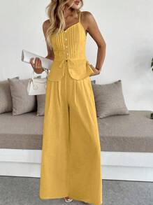 EMERY ROSE 2pcs Linen Solid Color Camisole & Wide Leg Pants Set - Yellow - View 5