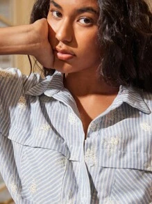 Écloséra Vintage Embroidered Blue Striped Polo Collar Long/Short Sleeve Fit And Flare Dress For Women, Elegant And Simple Design For Summer