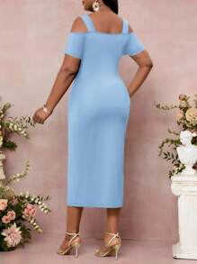 SHEIN Lady 2025 New Clothing Plus Size Women Off Shoulder Short Sleeve Bodycon Elegant Dress Cruise Outfits Women,Formal Dresses For Women Vintage Teacher Outfits For Womenall Women Clothes Business Casual Woman Beach Outfits For Woman Sun Dresses For Women Wedding Guest Dress Women   Wedding Guest Dress Women Back To School Fall Women Clothes Teacher Outfits For Women Business Casual Woman Office Outfits For Women Elegant Dresses For Women Work Clothes Women Teacher Vintage - Baby Blue - View 2