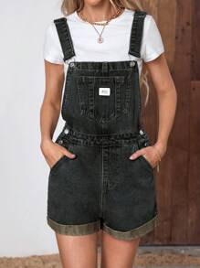 EMERY ROSE Women's Letter Printed Pocket Casual Loose Denim Bib Overall Shorts - Dark Wash - View 3