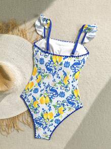 Soleia Women's Modest Vacation Cute Flounce Lemon Print Cap Sleeve One-Piece Swimsuit Lemon Print Swimsuit Floral Print Swimsuit Summer Swimsuit One Piece Swimsuit - Multicolor - View 2