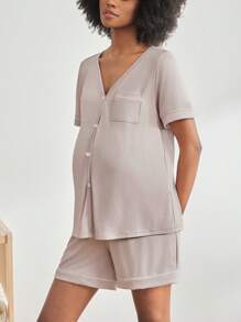 BloomMama 2 Packs Maternity Short Sleeve Nursing Pajama Set With Button ,Lounge Set Fashion Sleepwear - Grey - View 3