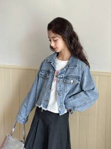 SHEIN TWEEN GIRLS Denim Jacket, Distressed Frayed Design Fashion Street Wear Denim Outerwear, Light Wash Short Style, Versatile, New Arrival Girls Cropped Denim Jacket Fall Winter