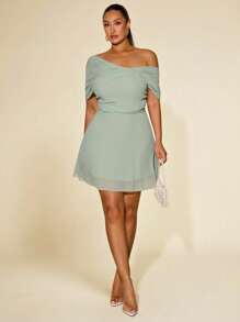 SHEIN BAE Váy xòe cổ lệch thanh lịch lãng mạn cho khách dự tiệc cưới cỡ lớn dành cho nữ - màu xanh lá - Xem 2