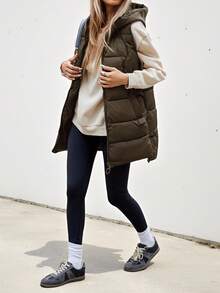 Aveloria Affinna 女式黑色连帽背心，中长款设计，时尚无袖加厚保暖聚酯纤维合成保暖冬季外套，冬季夹克，2024 年秋冬服装新品 - 棕色 - 查看 3