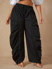 Ruched Wide Leg Drawstring Waist Woven Casual Office Pants - Black - View 2