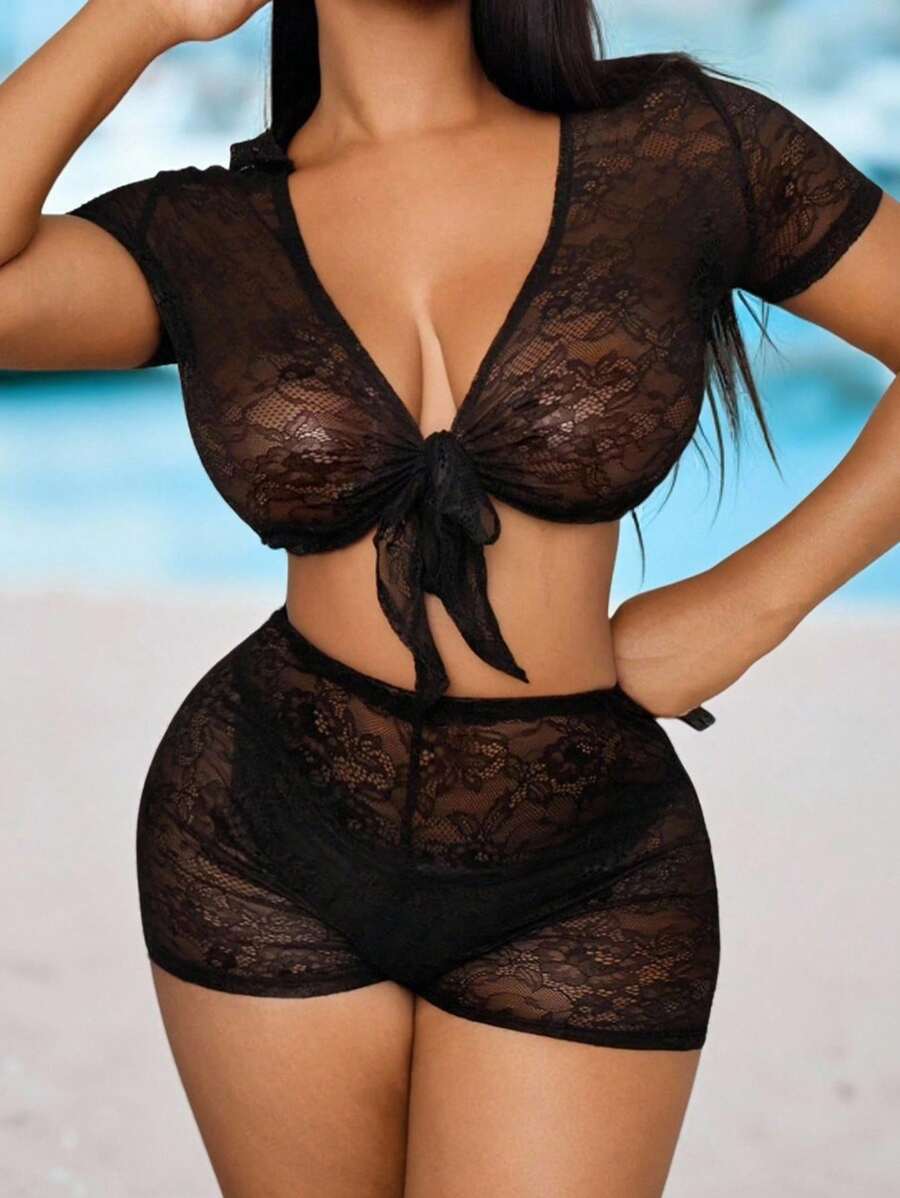 BamGleam 女士黑色短袖衬衫领带蕾丝沙滩两件套罩衫 - 黑色 - 查看 1