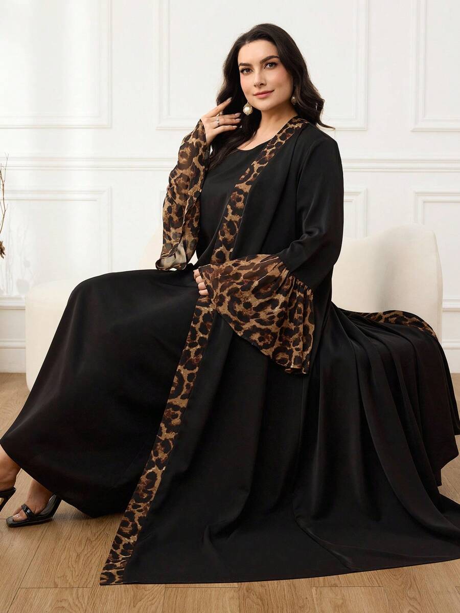 Al Najma Plus Size Women Leopard Patchwork Flare Sleeve Robe Arabian Style Outfit Leopard Print - Black - View 1