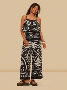 Travachic Plus Size Tropical Print Sleeveless Jumpsuit, Casual Resort Wear - Black and White - View 3