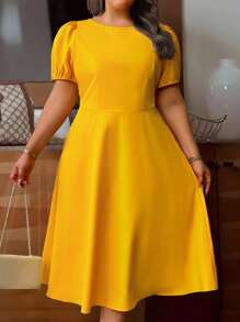 SHEIN Clasi Vestido de talla grande para mujer con cuello redondo, cintura recogida, falda paraguas y bolsillos, elegante - Naranja - Ver 4