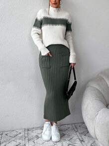 EURMUSE 2 件女士休闲撞色拼布立领毛衣和针织迷你裙套装，秋冬 - 軍綠色 - 查看 6