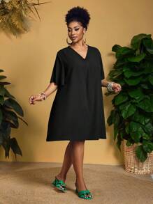 Slaydiva Đầm sơ mi tay ngắn bằng chiffon thanh lịch mới dành cho nữ, kiểu dáng thường ngày/công sở, cổ chữ V, tay bồng dáng rộng, dáng midi, đầm thun cỡ lớn, đầm đi nghỉ mát cỡ lớn, đầm đen cỡ lớn, đầm đen cổ chữ V. - màu đen - Xem 5