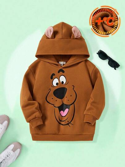 LOONEY TUNES X SHEIN Young Boy Cartoon Dog 3D Ear Applique Loose Fit Drop Shoulder Fleece Hoodie, Autumn/Winter Fall