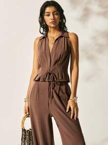 Easelle Suits Coffee Color Western Bohemian Style Tops Pants Suits Details Tie Trousers Early Autumn Outdoor Suits - Mocha Brown - View 1