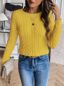 EMERY ROSE Women Drop Shoulder Round Neck Casual Cable Sweater Knit Pullover Fall Winter - Yellow - View 4
