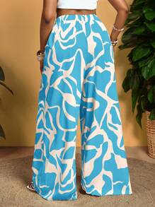Slaydiva 大码女式全身印花系带腰宽松阔腿休闲裤