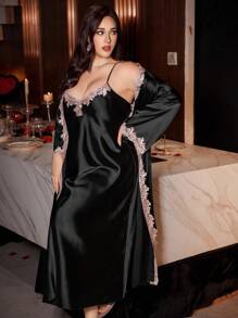 SHEIN 2pcs Plus Size Contrast Lace Trim Satin Look Slip Dress And Robe Set Silk Dress Robe Set Silk Sleepwear Dress With Robe Lace Trim Silk Robe - Black - View 6