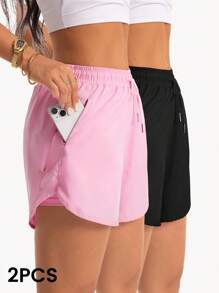 Shorts deportivos de unicolor con cordón en la cintura y bolsillo, shorts de moda de verano para hacer ejercicio - Multicolor - Ver 2