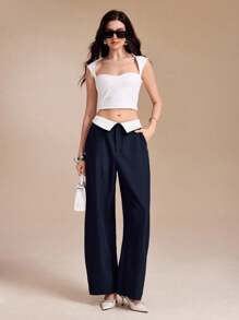 NAJILARAQUELDESIGNS Women White Contrast Collared Waistband Baggy Long Pants, Casual Street Look Wide Leg Pants Business Fall Airport - Navy Blue - View 7