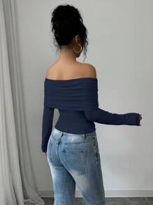Elenzga 女士优雅露肩大翻领褶边修身T恤，春秋 - 藏蓝色 - 查看 2