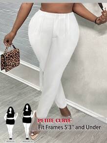 SHEIN PETITE CURVE 大码 2024 新款简约纯色修身牙签褶高腰女式工装七分裤