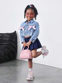 SHEIN 年轻女孩可爱甜美粉色蝴蝶结蓝色宽松短款牛仔夹克，春夏休闲度假乡村波西米亚风装 - 淺色水洗藍 - 查看 3