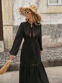 Brillora Ladies' Solid Color Simple Daily Long Sleeve Dress - Black - View 4