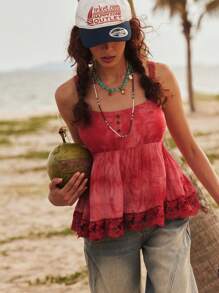 Bohemela Top canottiera da donna stile boho vacanza al mare, con spalline sottili, in tessuto intrecciato tie-dye, schiena scoperta