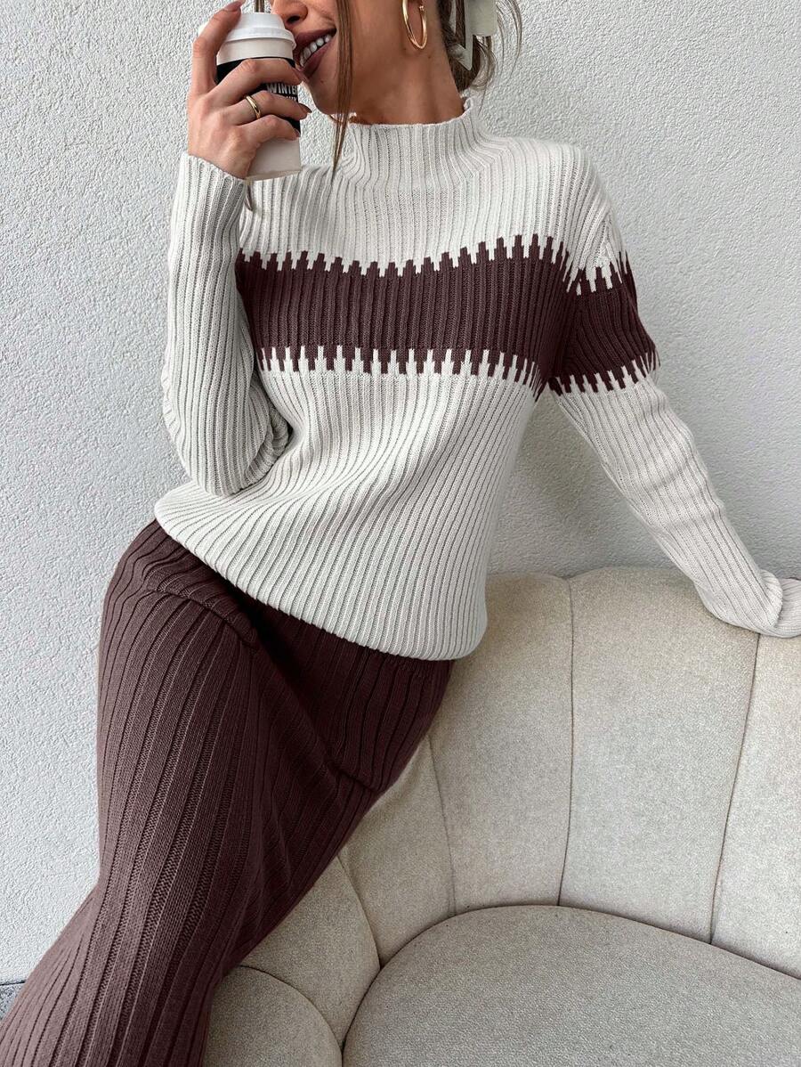 EURMUSE Women Casual Loose Long Sleeve Top And A-Line Skirt 2pcs Sweater Set,Petite Co Ord,Co Ord,Petite,Winter Clothes - Chocolate Brown - View 1