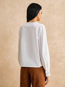 Poéselle 女士休闲纯色刺绣拼布衬衫，秋季 - 白色 - 查看 2