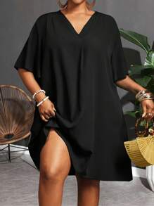 Slaydiva Đầm sơ mi tay ngắn bằng chiffon thanh lịch mới dành cho nữ, kiểu dáng thường ngày/công sở, cổ chữ V, tay bồng dáng rộng, dáng midi, đầm thun cỡ lớn, đầm đi nghỉ mát cỡ lớn, đầm đen cỡ lớn, đầm đen cổ chữ V. - màu đen - Xem 12