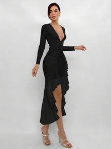 Aloruh Ladies Deep V-Neck Ruched Waist Ruffle Hem Elegant Fitted Long Dress