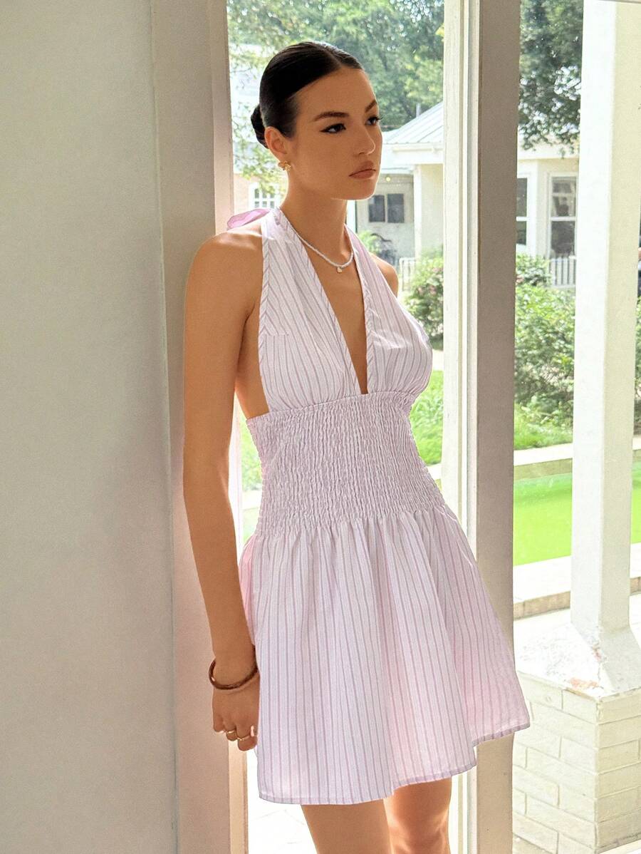 Ria Solene Sexy New Version Striped Halter Open Back Dress, Summer - Pink - View 1