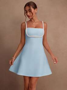 Savoree White Pearl Embellished Spaghetti Strap Bodycon Dress, Elegant Minimalist Luxury Design For Summer, Beach, Festival, Holiday, Sexy, Party, Gathering - Light Wash - View 6