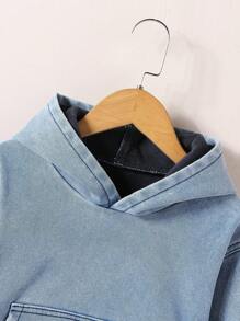 Young Boys Thickened Hoodie Thermal Lined Casual Fashion Denim Pullover Sweatshirt For Autumn & Winter - Light Wash - View 3