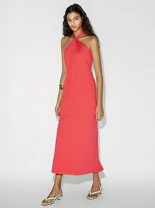 Lumivelle Women Halter Neck Strapless Dress With Pleated Details, Open Back And Slit