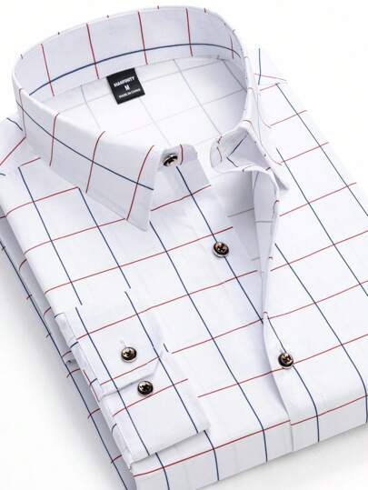 Manfinity Mode Camisa de vestir a cuadros azul casual de negocios para hombres, camisa de vestir a cuadros para hombres, camisa casual de negocios para hombres, camisa de vestir blanca de manga larga para hombres