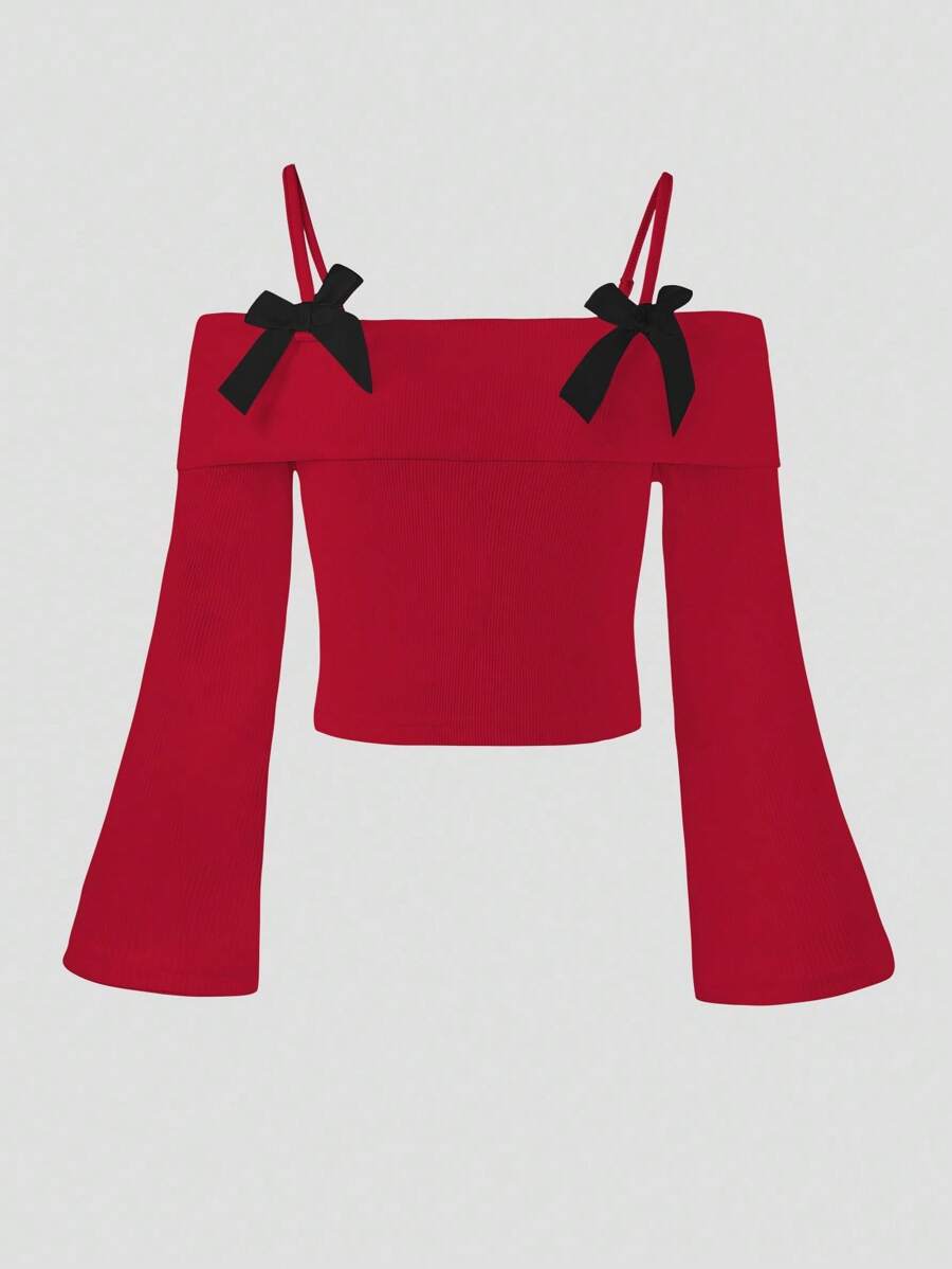 Elladie kids Tween Girl New Long-Sleeved Top With Suspenders, Off-The-Shoulder Design And Bowknot For Tween Girls Is On The Market. It's Comfortable, Fashionable, Elegant, Sweet, Cute, Lively, Unique And A Must-Have For Dressing Up. Fall Winter - Red - View 1