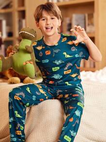 Conjunto de pijama con estampado de animales lindos para niños preadolescentes Dinosaurio - Azul Marino - Ver 1