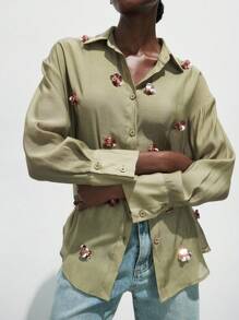 Maija Women's Textured Long Sleeve Shirt With 3D Beaded Floral Decor, Vacation Style Business Casual Blouse, Office Wear Button Down Shirt - Army Green - View 1