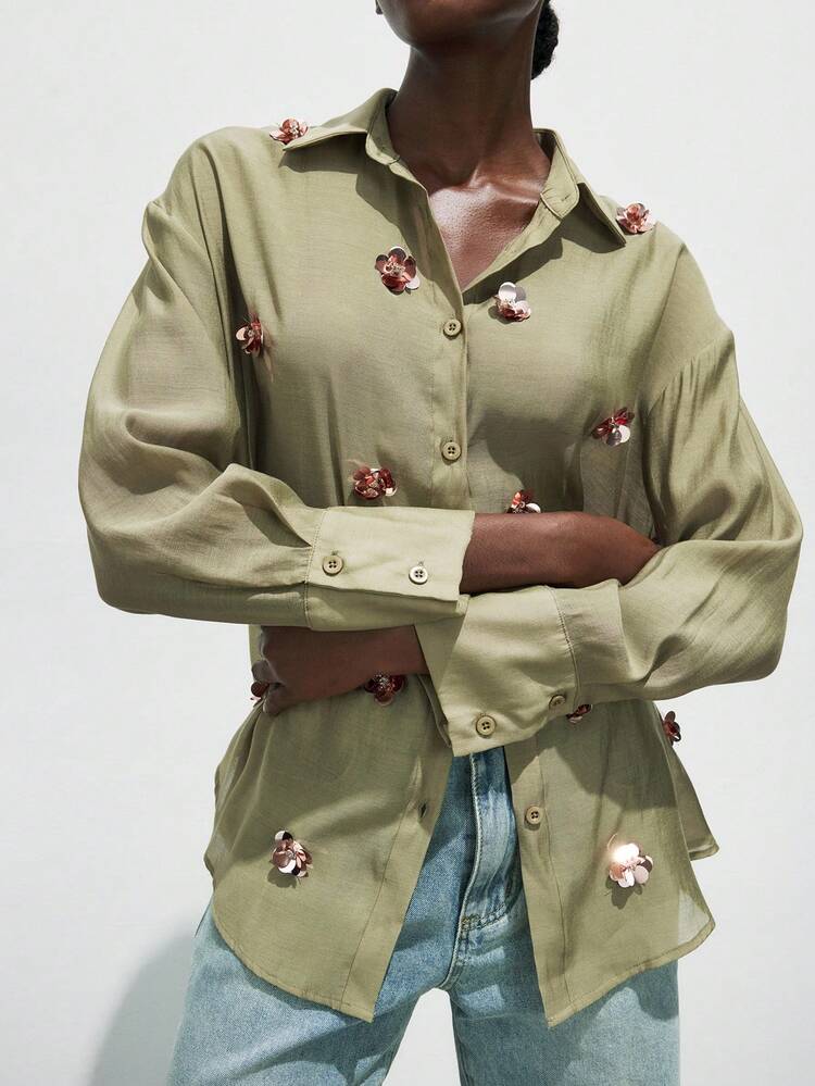 SHEIN Maija Damen Strukturiertes Langarm-Hemd mit 3D-Perlen-Blumendekor, Urlaubsstil Business-Lässig Bluse, Büromode Knopfleiste Hemd