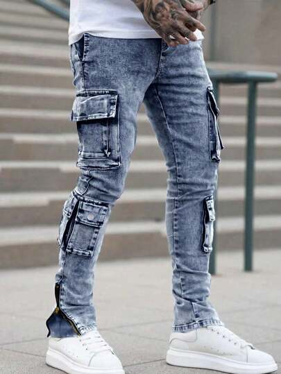 Manfinity Roughcore 남성용 유틸리티 포켓 캐주얼 스키니핏 데님 청바지 남성 스트리트웨어 청바지