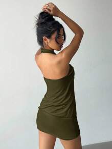 Aloruh Women's Y2K Avant-Garde Sexy Tight Bandeau Metallic Button Decor Halter Mini Super Short Bodycon Club Dress - Army Green - View 3